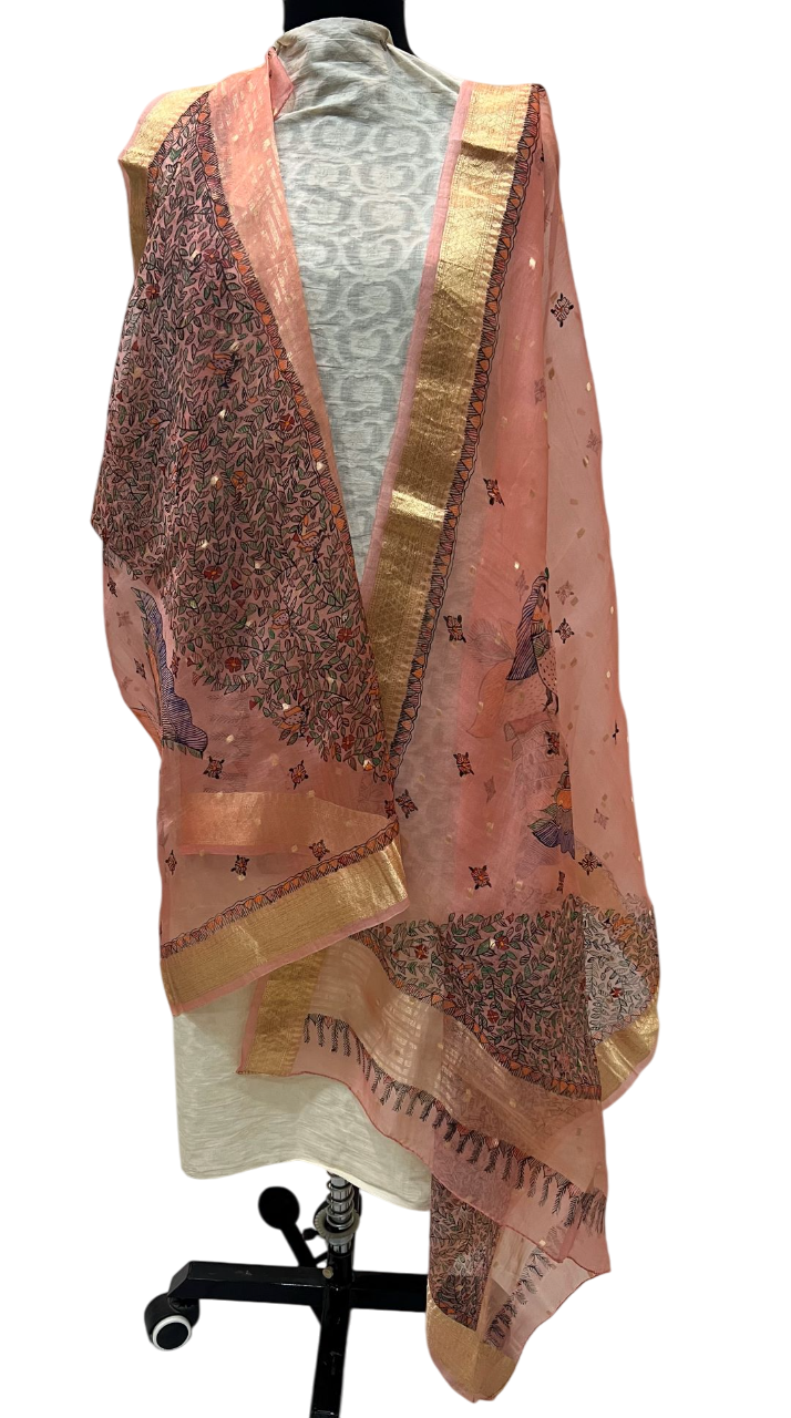 Hand-Painted Pink Organza Dupatta with weaved Zari Border